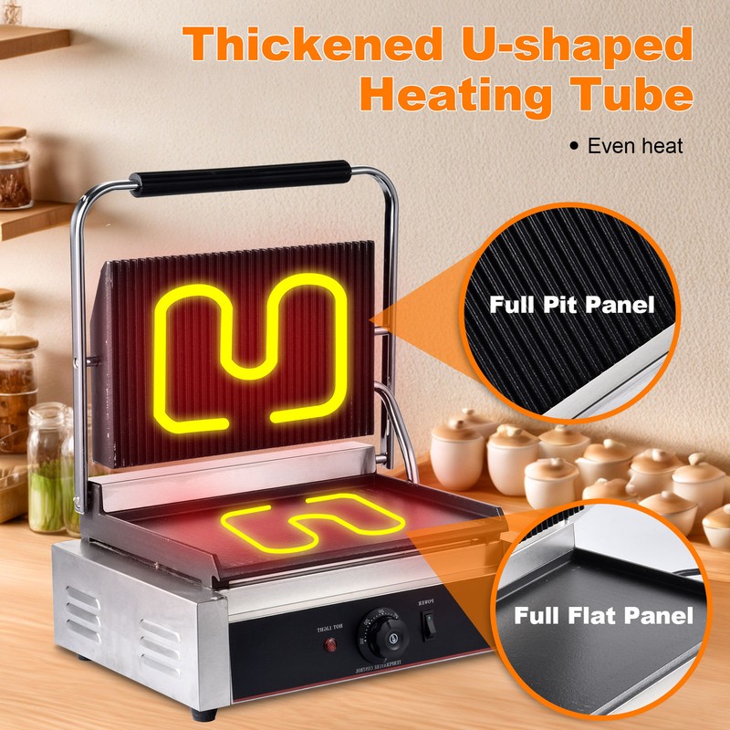 1200W 17″ Commercial Panini Press Grill Griddle Sandwich Maker 180°Double Sided