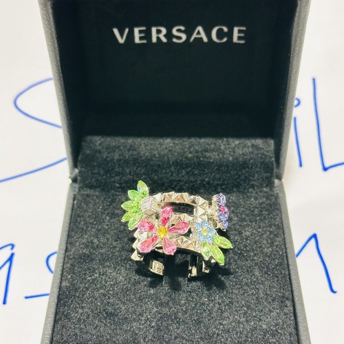 Pre-owned Versace Greca Multi Color Crystal Flower Bloom Silver Ring Size 15/us 7 $675