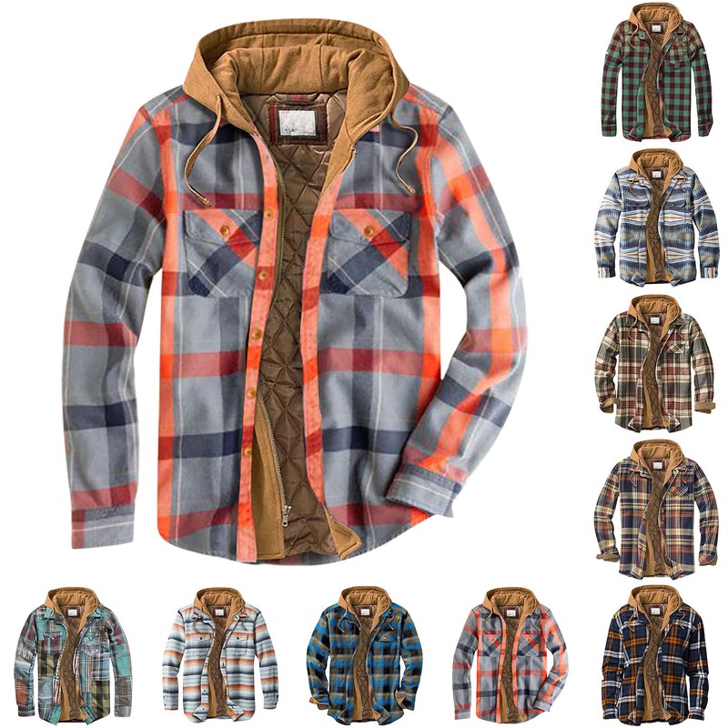 Men Quilted Lined Button Down Plaid Shirt Velvet Coat Warm Jacket With Hood Tops