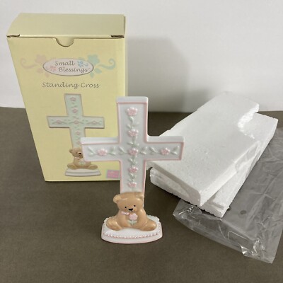 Standing Cross ceramic with pink florals & teddy bear Small Blessings by Russ