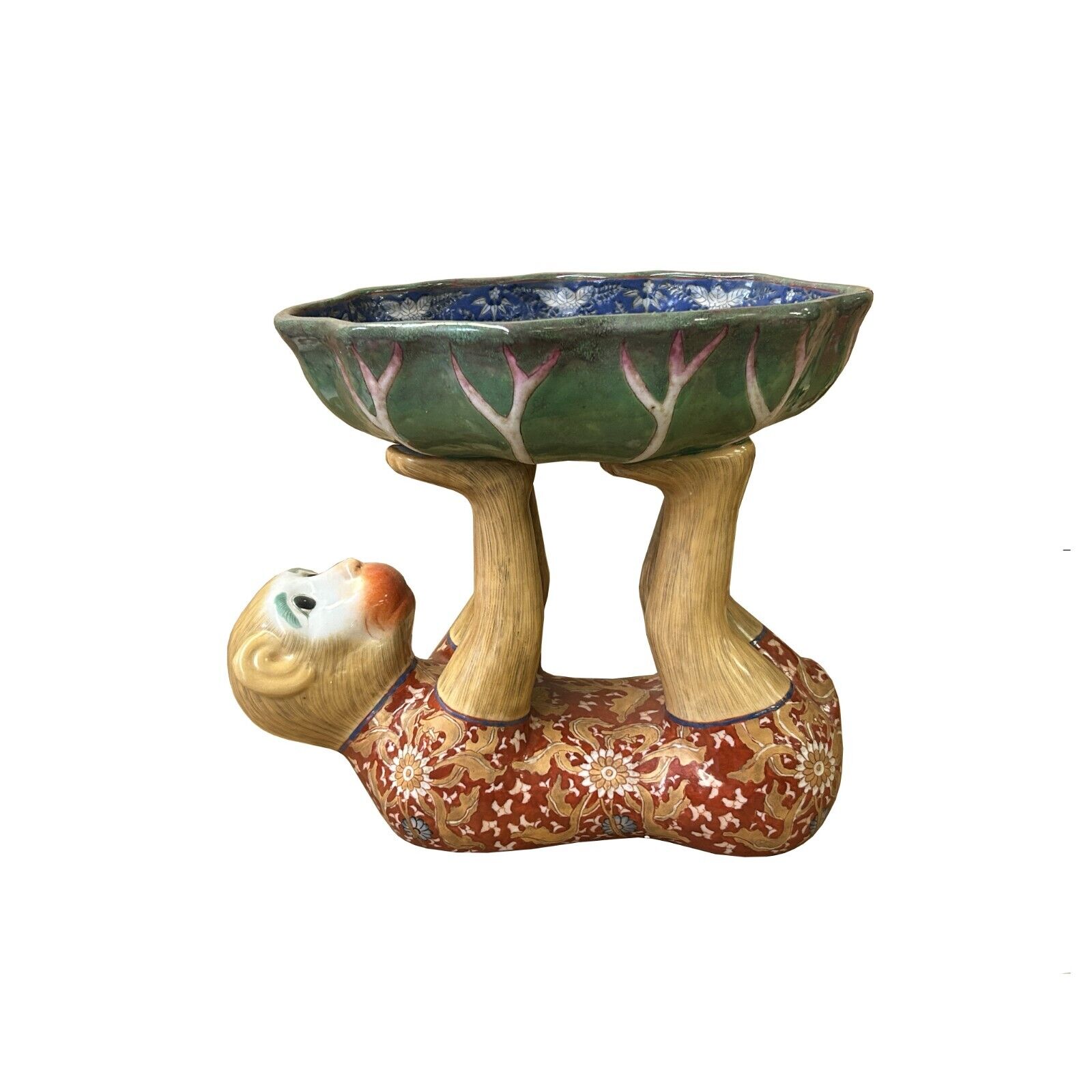Vintage Oriental Red Base Copper Color Flower Monkey Holding Bowl Figure ws3922S Vintage Oriental Red Base Copper Color Flower Monkey Holding Bowl Figure ws3922S