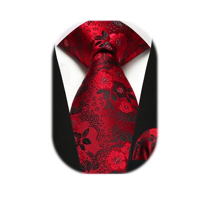 Burgundy Tie and Pocket Square Men's Floral Red Ties Handkerchief Silk Woven ...