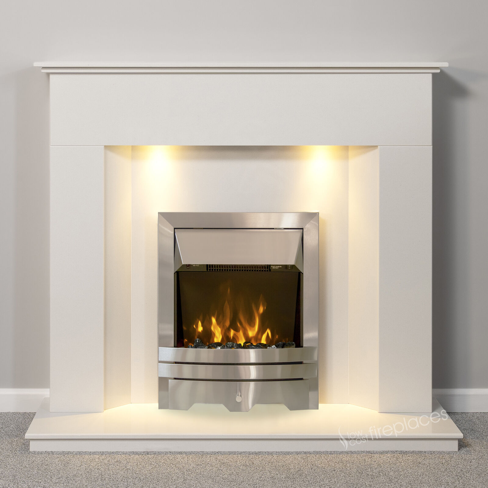 WHITE MARBLE MODERN SURROUND SILVER ELECTRIC FIRE FIREPLACE SUITE