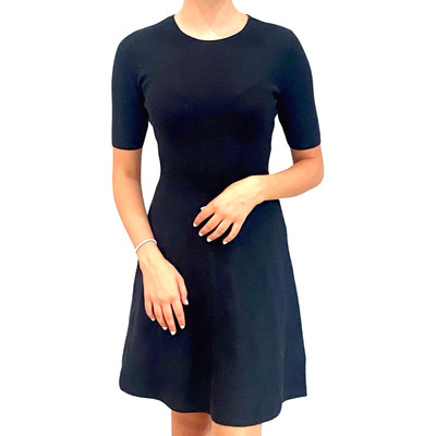 Black Knit Fit Flare Short Dress Rib Waist Dobby Stripe Skirt Short Sleeve Sz XS