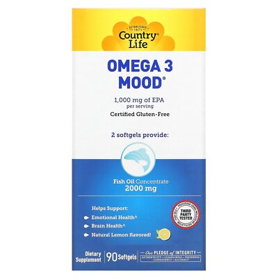 Country Life Omega 3 Mood Natural со вкусом лимона 90 мягких капсул без глютена, GMP
