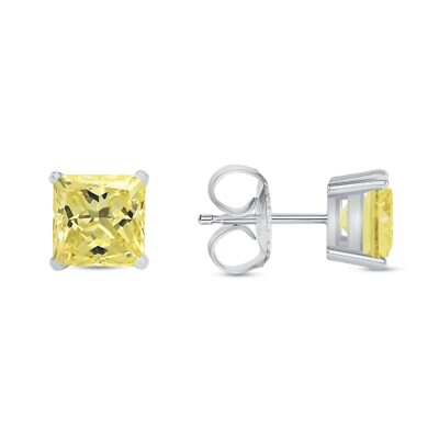 Pre-owned Shine Brite With A Diamond 5.5 Ct Princess Cut Canary Earrings Studs Solid 18k White Gold Push Back Basket