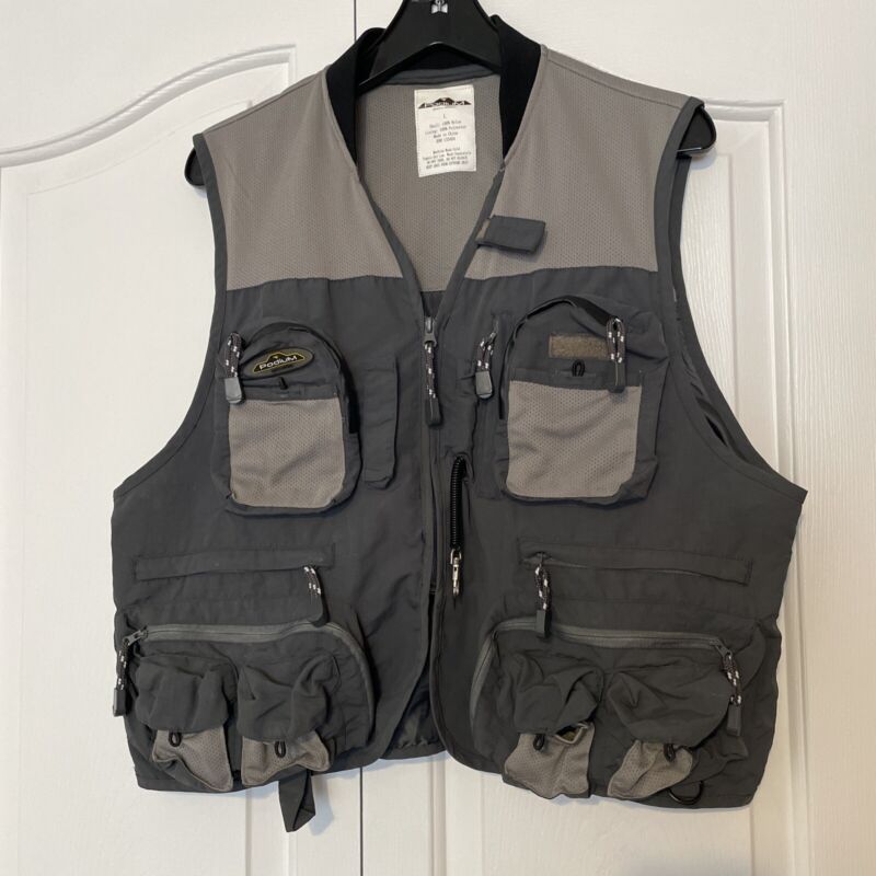 Podium Outdoor Fishing Vest Pockets Grey Gray Mesh Zippers - Adult Size Large L