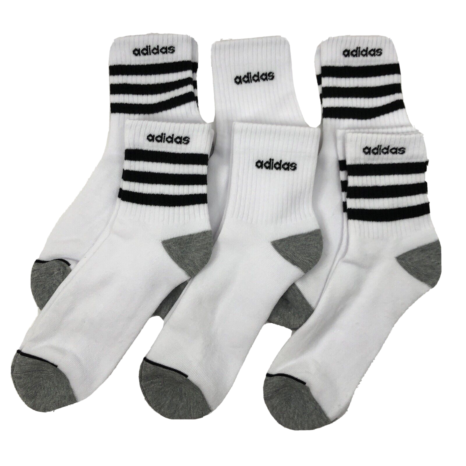 Men's Shoe Size 6-12 White Three Black Stripes 6 Pair Pack