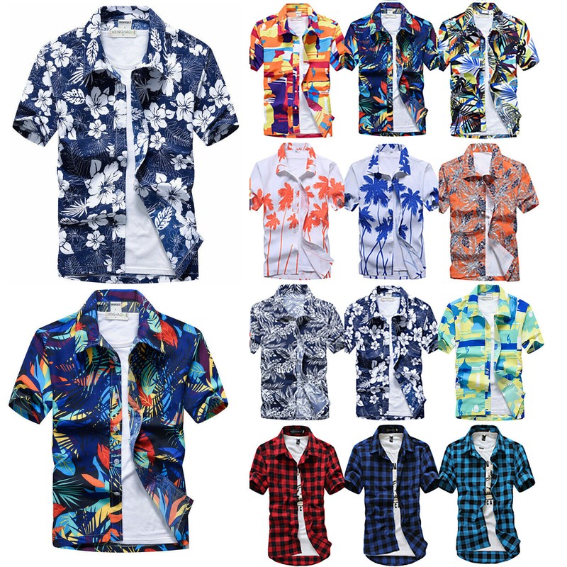 Herren Hemd Karierte Blumen Kurzarmhemd Arbeitshemden Freizeithemd Hawaiihemd I