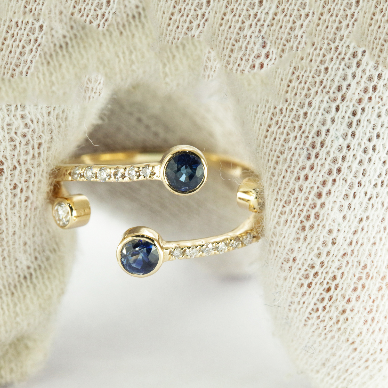 14K Gold Natural Diamond Blue Sapphire Open Cuff Wedding Band  Ring-Jewelzofny