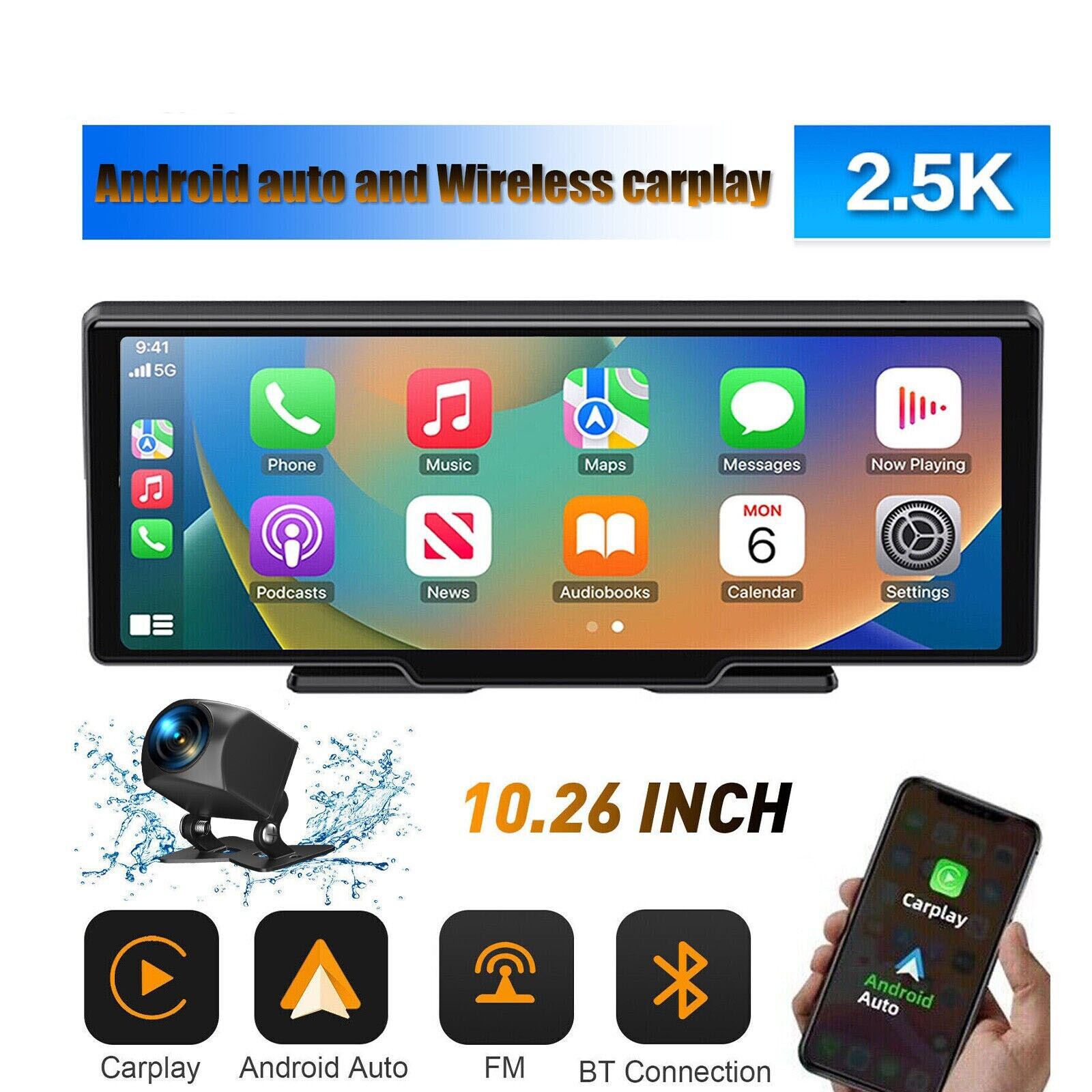 10.26" 2.5K Touch Screen 1080P Dash Cam Car Wireless Apple CarPlay Android Radio