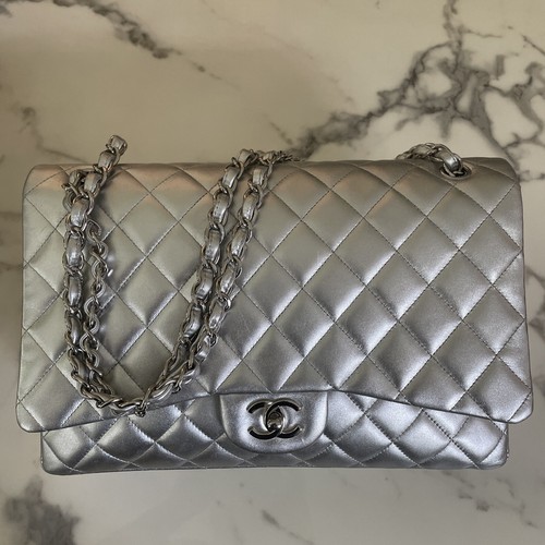 茶*様 Chanel Silver ヴィンテージバッグ Chanel Classic Single Flap Bag Quilted Lamb Maxi Silver | eBay
