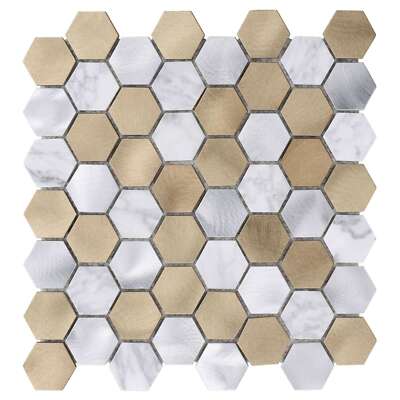White Calacatta Marble Champagne Gold Metal 1.5'' Hexagon Mosaic Tile Backsplash
