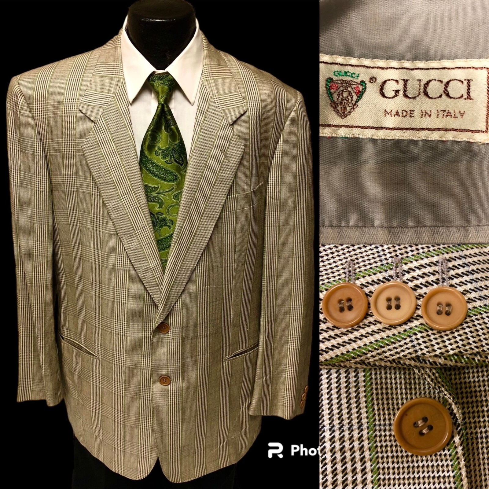 GUCCI Italy Men's Sport Coat GOLD Green OVERCHECK Jacket GUCCI Italy Men's Sport Coat GOLD Green OVERCHECK Jacket