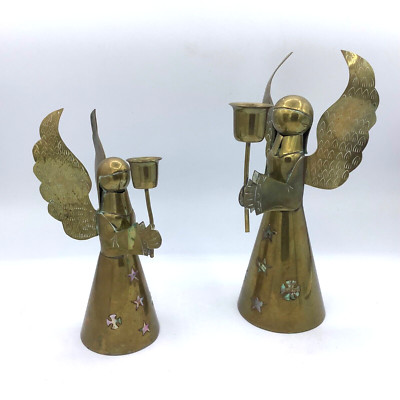 VTG Brass Angel Candle Holder Inlaid Abalone Made in Mexico 9'' 7'' Textured Wings
