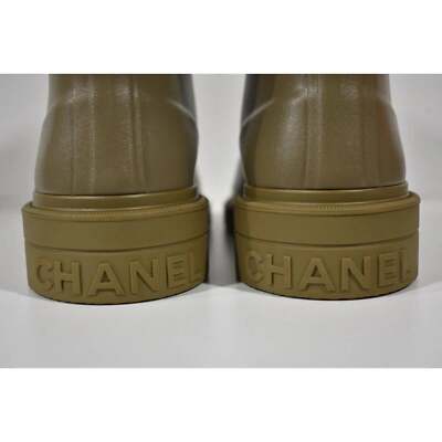 Pre-owned Chanel 22k Dark Beige Caoutchouc White Cc Logo High Pull On Rubber Rain Boots 40