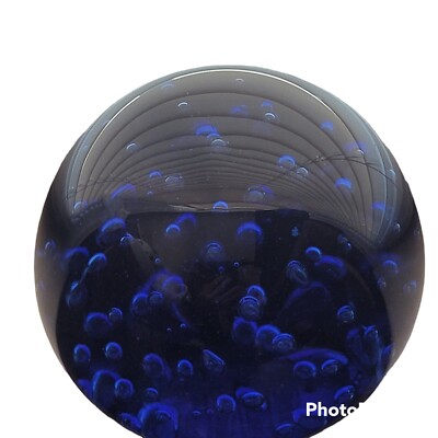Max Miller 1988 Rare Cobalt Blue Glass Paperweight Bubbles Signed Redkey