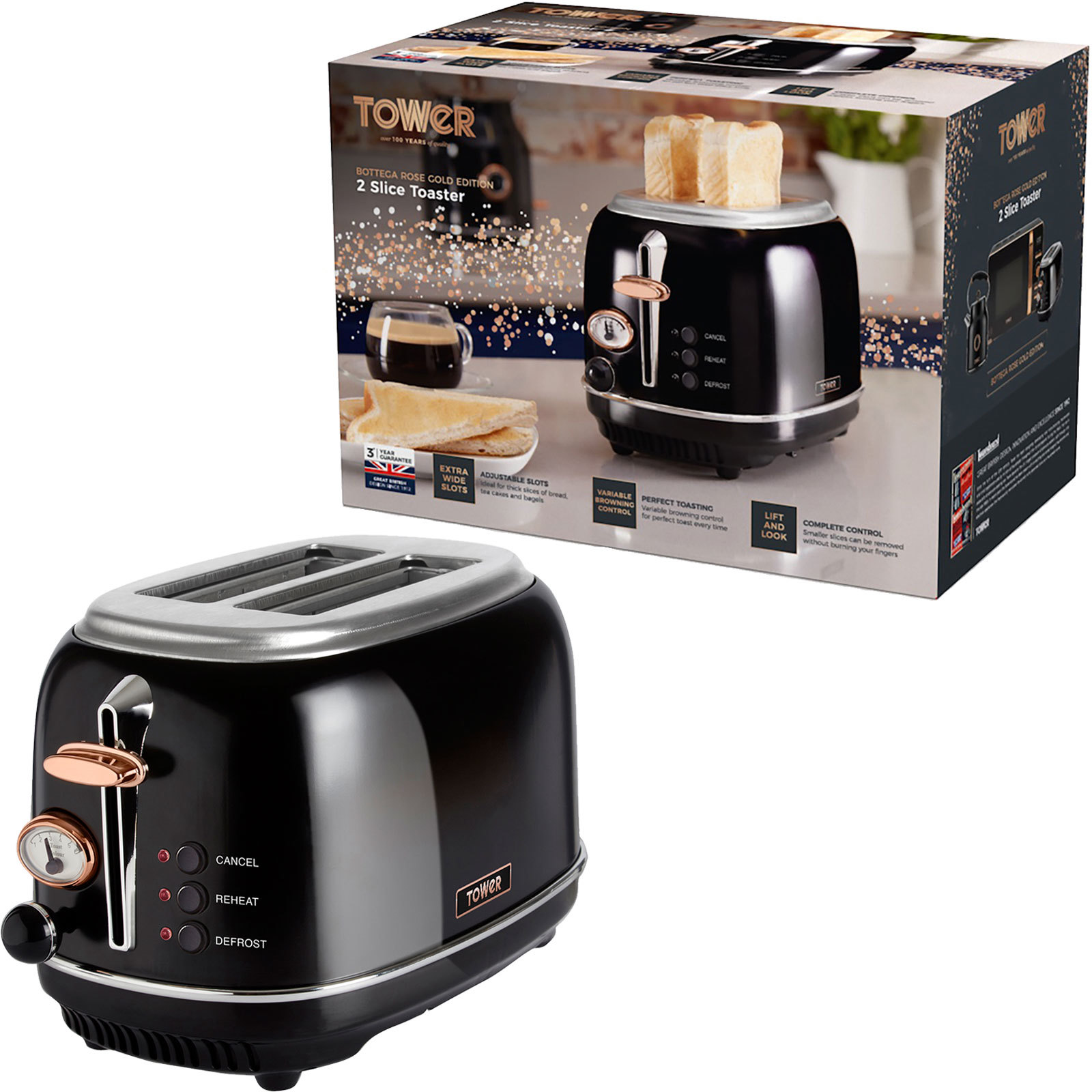 Genuine Tower T20016 Bottega S/Steel 2 Slice Toaster Black & Rose Gold