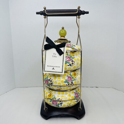 Mackenzie Childs Buttercup 3 Tiered Stackable Tiffin & Carry Holder Retired NOS