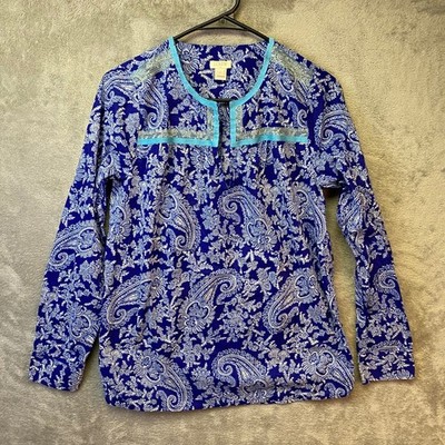 J.Crew Tunic Top Womens XS Paisley Blue Embroidered Long Sleeve EUC