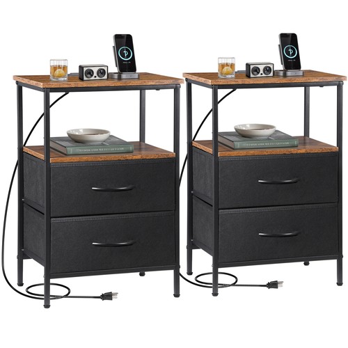 Set of 2 Nightstand Bedside Table 2 Drawers with Charging Station and USB Ports
