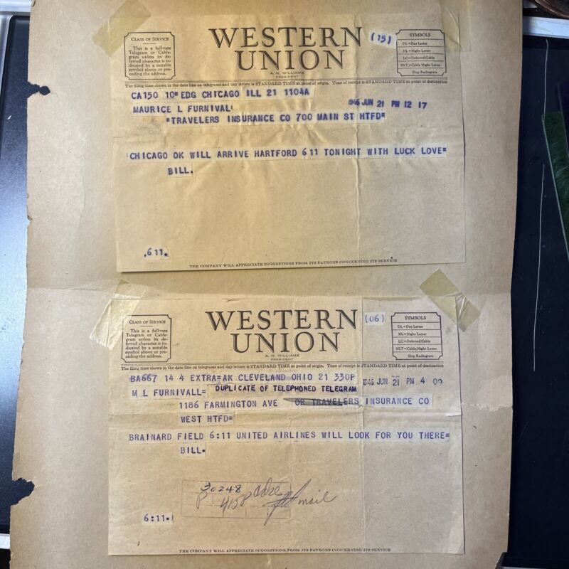 WESTERN UNION TELEGRAMS 1946 Travel UNITED AIRLINES CHICAGO to HARTFORD Furnival