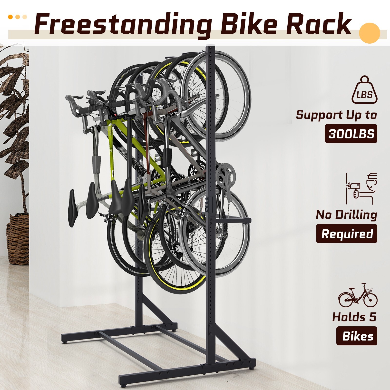 Danrelax Freestanding Bike Storage Rack, 300 lbs 5 Bikes Capacity, Black