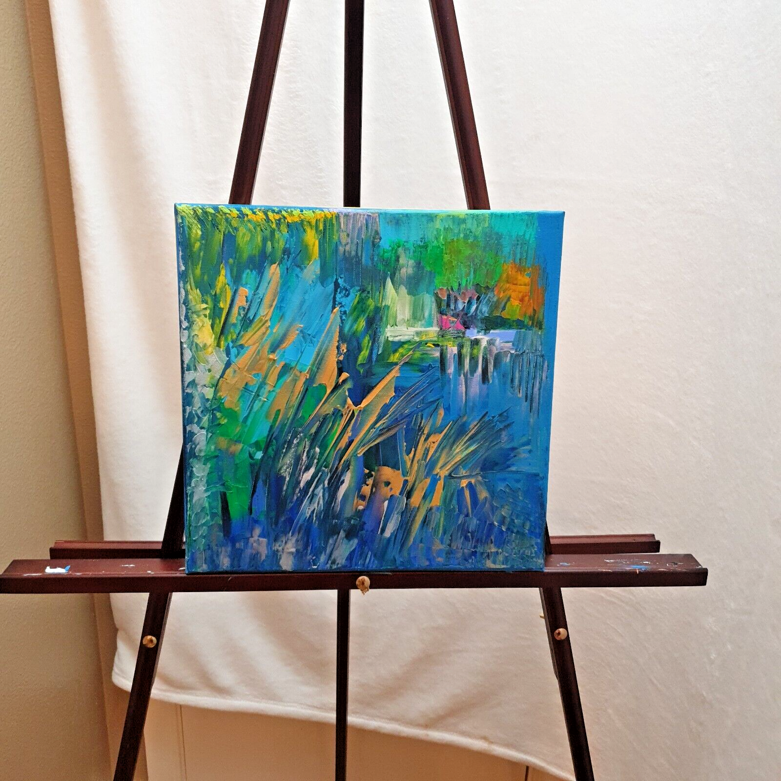 Golden Turqoise Shining Orig Abstract (See Video) Acrylic Painting Canvas 12x12