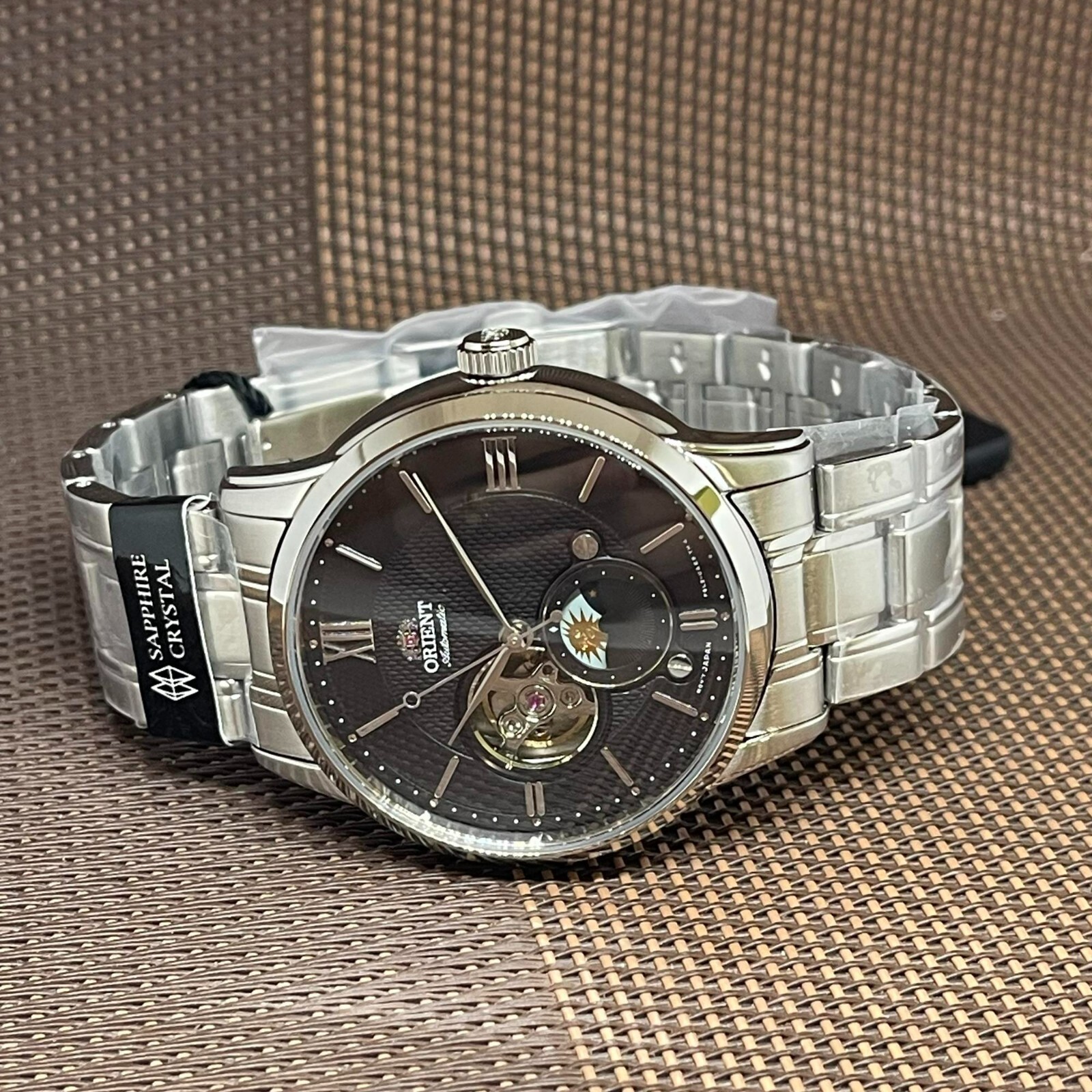 Pre-owned Orient Ra-as0008b10b Sun And Moon Open Heart Automatic Stainless Steel Men Watch