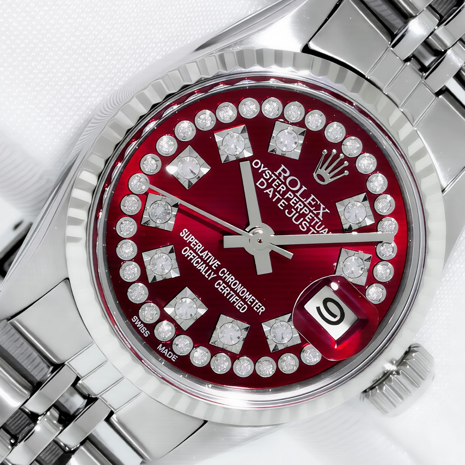 ROLEX LADIES DATEJUST RED DIAMOND DIAL STEEL & WHITE GOLD FLUTED BEZEL WATCH