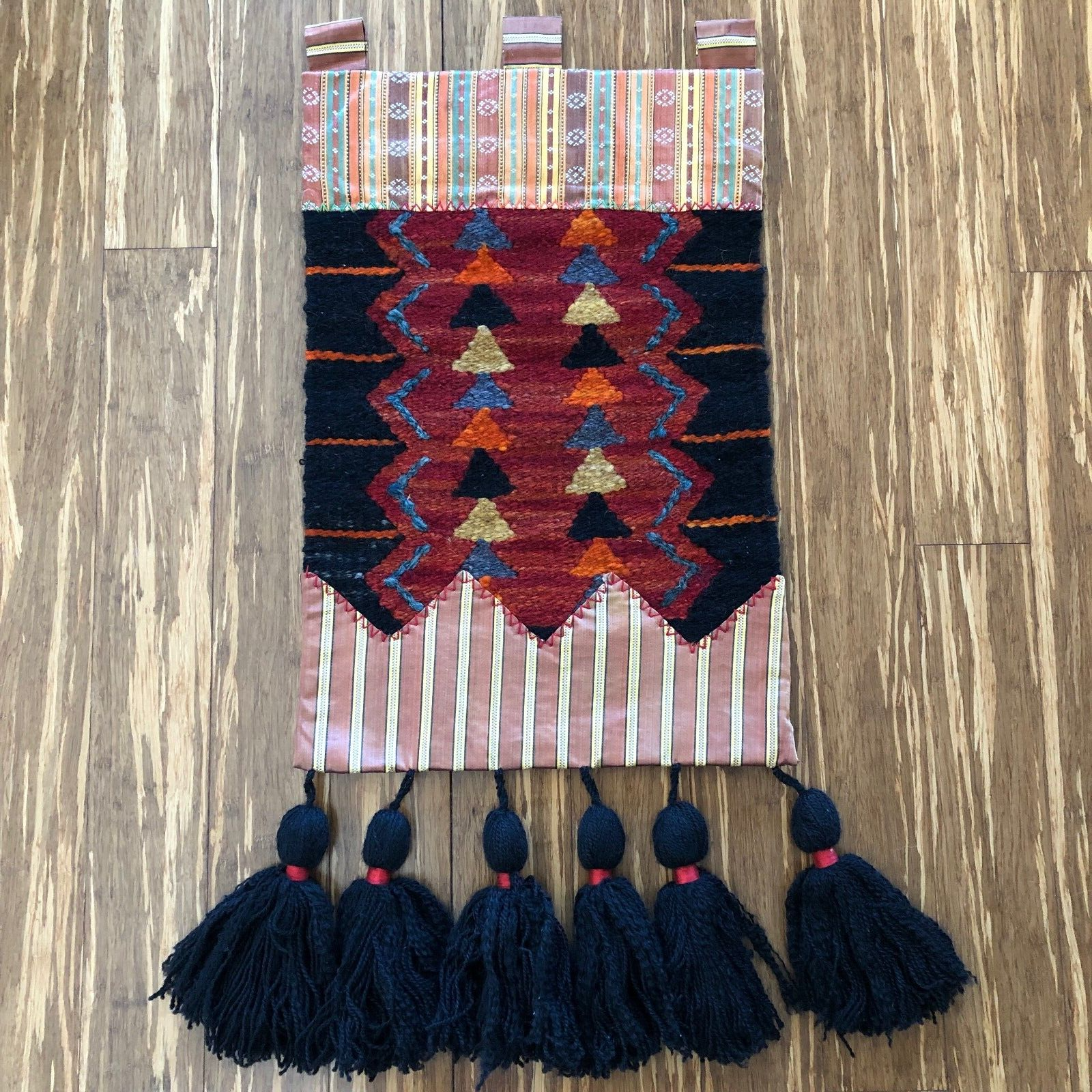 Vintage Red Black Geometric Woven Wool Tapestry Tassels Wall