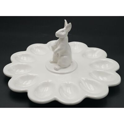 Williams Sonoma White Ceramic Easter Bunny 12-Egg Platter with Rabbit Figurine