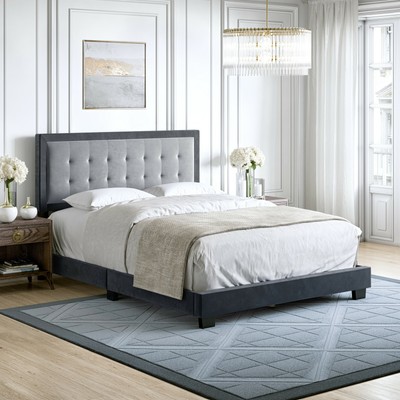 Marco de Cama Plataforma Base Madera Tapizada King Size Cabecera Elegante Gris