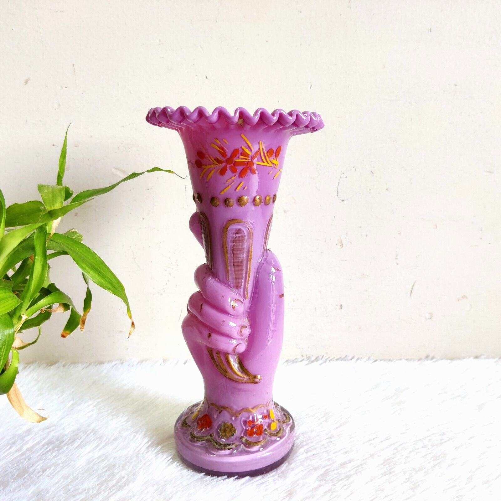 Vintage Hand Shape Enameled Pink Glass Flower Vase Japan