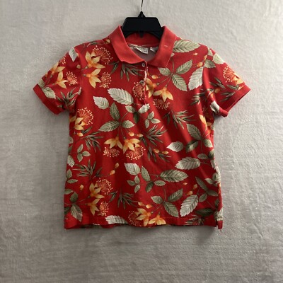White Stag Womans Polo Top Red Medium Floral Cotton Blend Short Sleeve Collared
