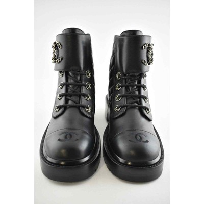 Pre-owned Chanel 21a Black Quilted Gold Cc Chain Combat Lace Up Tie Ankle Short Boots 37