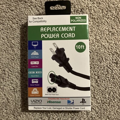 Universal Replacement Power Cord Cable 10FT Non-Polarized Vizio Samsung NEW