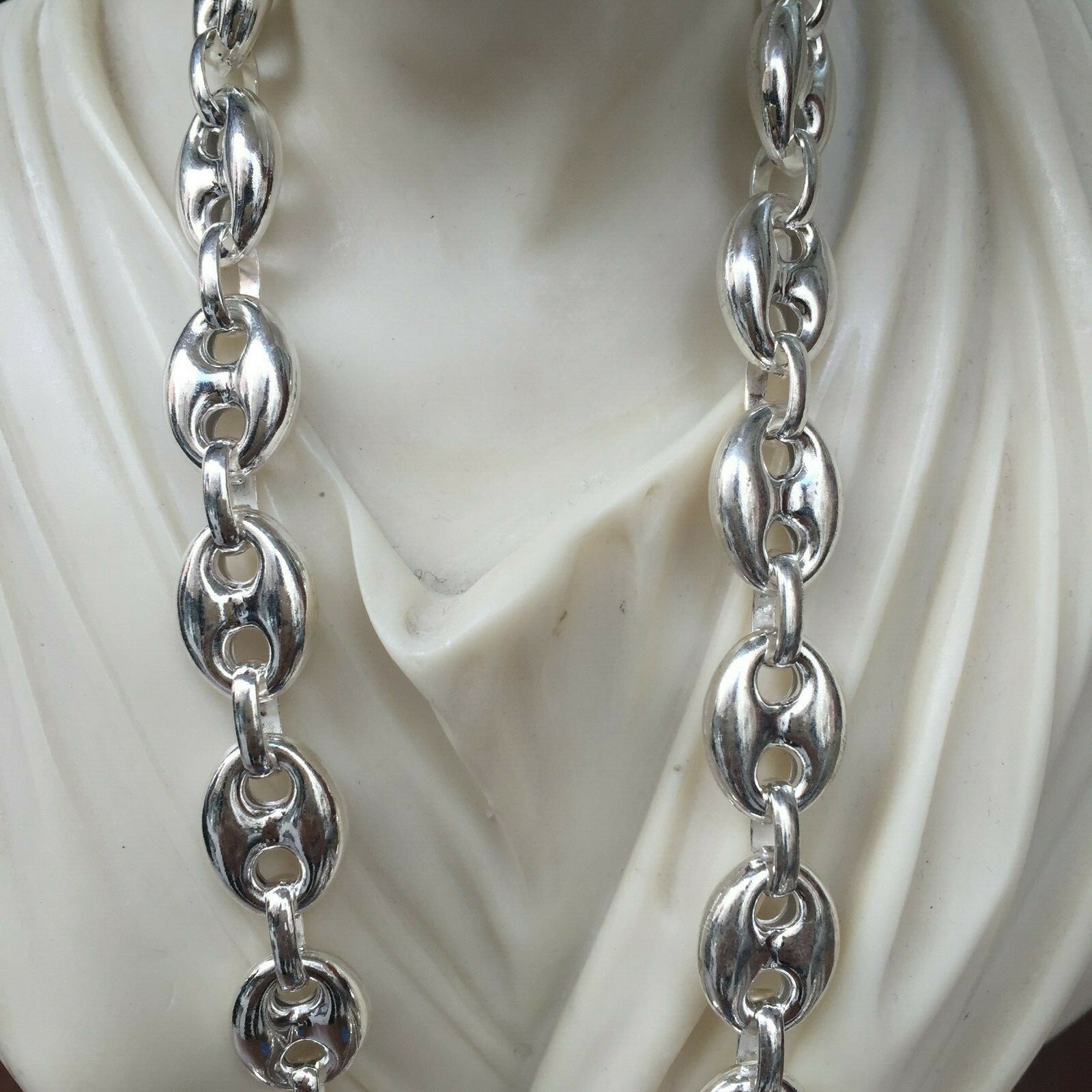 Pre-owned Handmade 14mm Hollow Puffed Marina Link Chain Necklaces 925 Silver Sterling 28inch 71gr