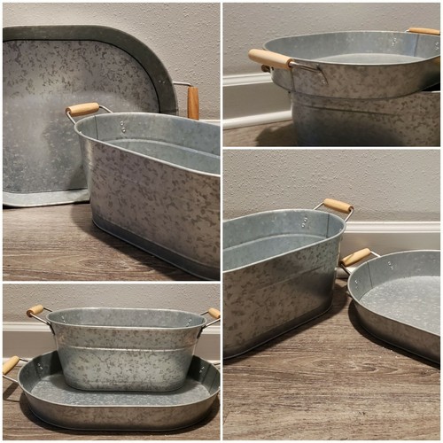 Galvanized Metal Rustic Pail Bucket oblong & Serving Tray Farmhouse Decor BBQ