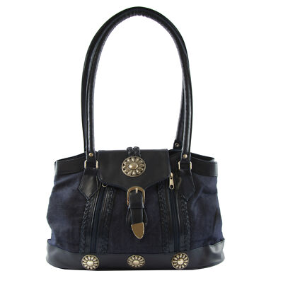 Canyon Sky Southwestern Denim Blue Shoulder Bag with Faux Leather Navy Trim