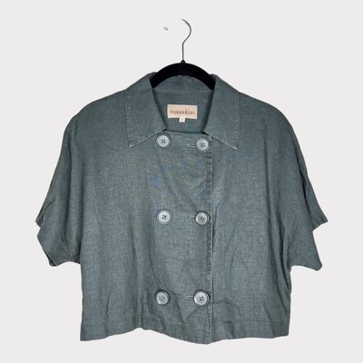 Manoukian Cropped Blazer Jacket Linen Green Button Close Women's Size Small