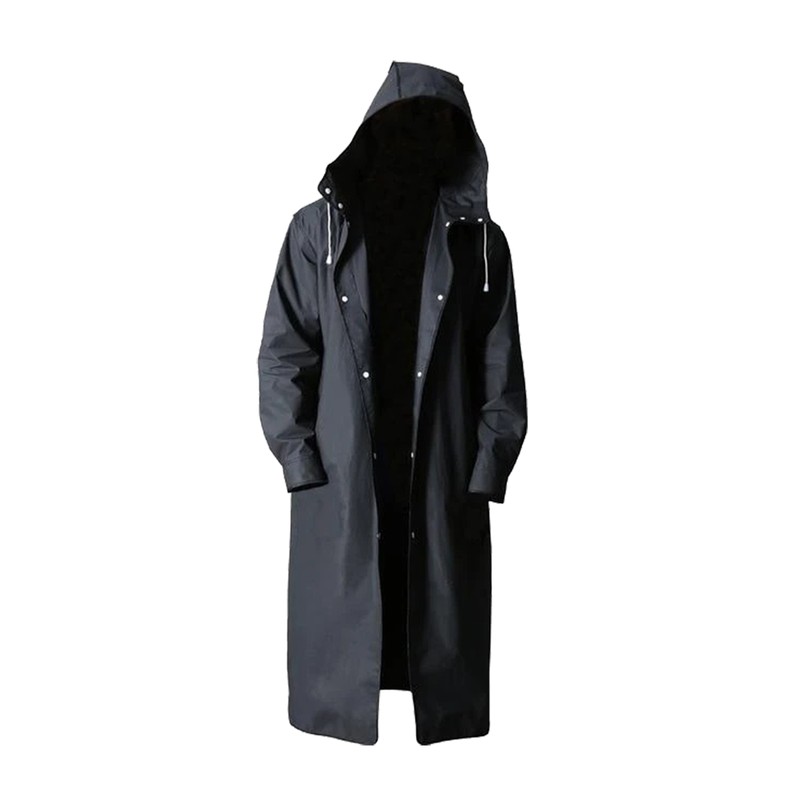 Men Black Waterproof Long Raincoat Rain Coat Hooded Trench Jacket Outdoor Hiking