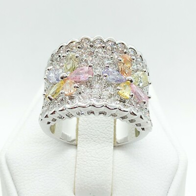 R4596 Women Fashion Jewelry White Yellow Gold Plate Crystal Flower Cocktail Ring