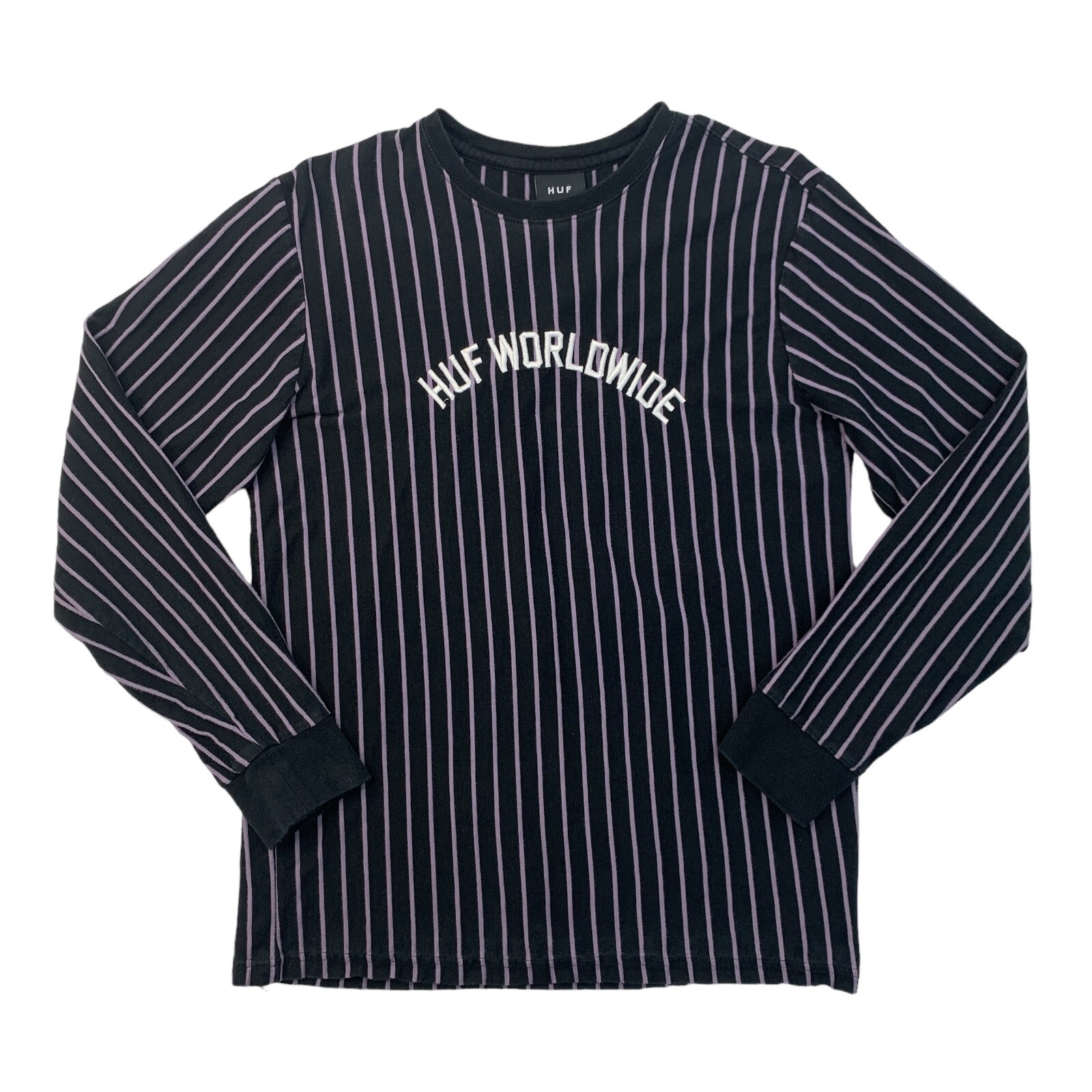 HUF Worldwide T Shirt Mens M Black Purple Cotton Striped