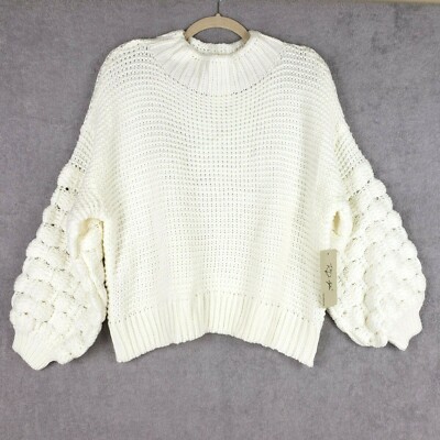 RD Style Knit Balloon Sleeve Sweater Size L Ivory Pullover Crew Neck Texture NWT