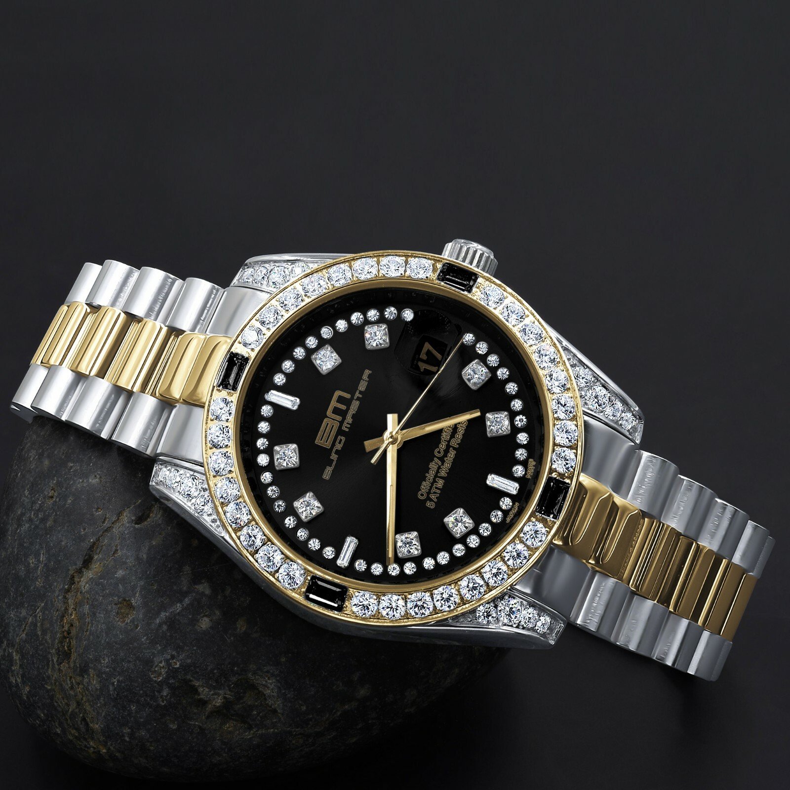 Pre-owned Bling Master - Majesty 2 Tone Gold Black Dial Stainless Steel Simulated Diamond 40mm Watch W/date