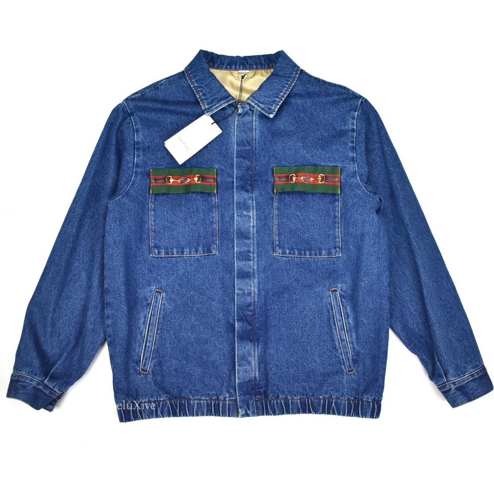 NWT $2170 Gucci Web Stripe & Horsebit Logo Denim Jacket NWT $2170 Gucci Web Stripe & Horsebit Logo Denim Jacket
