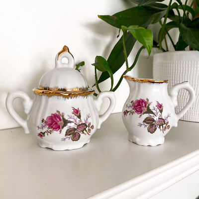 Vintage 50s MOSS ROSE Cream & Sugar Set White Porcelain Creamer Pink Roses Japan