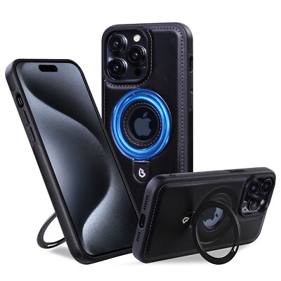 Fr iPhone 15 Pro Max 14 13 12 PU Leather MagSafe Invisible Stand Shockproof Case