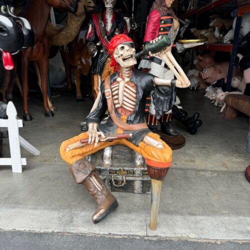 Skeleton Pirate Sitting On Treasure Chest Drinking Life Size